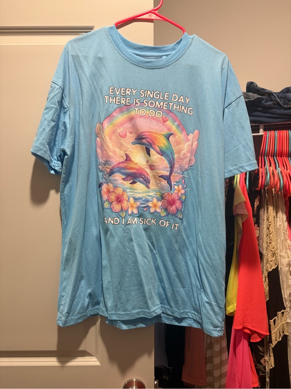 Blue Graphic Tee with Rainbow Dolphins